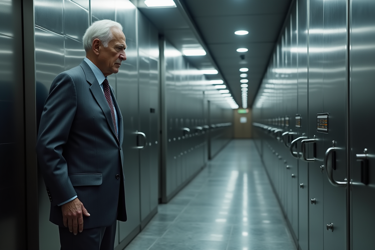 Homme age en costume gris touchant un panneau biometrie dans un coffre