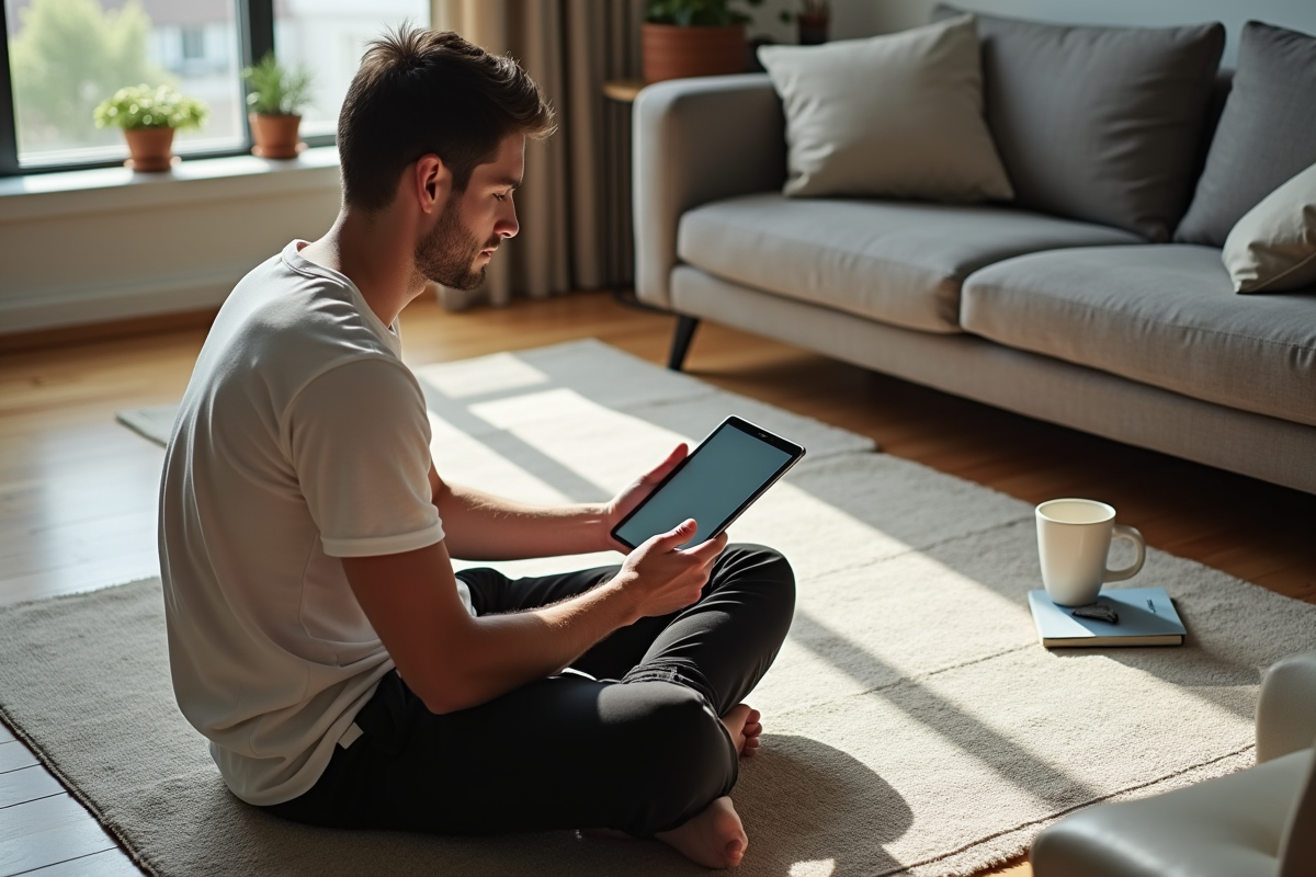 Jeune homme en visioconference dans un salon lumineux