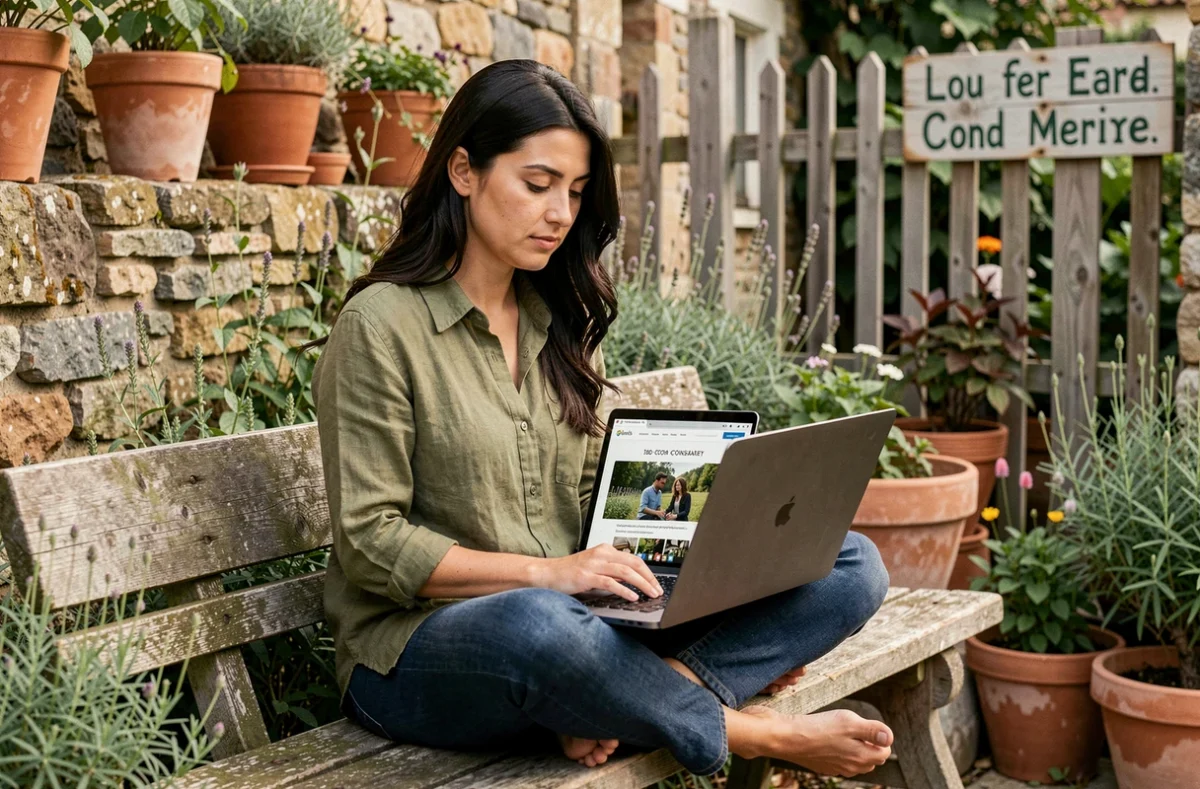 Webdesigneuse travaillant en extérieur sur un projet de site éco-responsable pour l'agence Ici la Terre en Bretagne