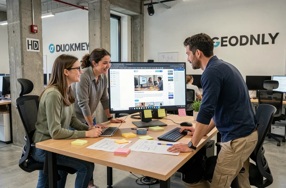 Équipe de trois professionnels digitaux collaborant sur un projet web interactif dans les locaux de l'agence ID Interactive en Bretagne