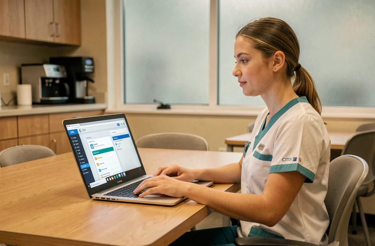 Infirmière consultant la messagerie APHP via Citrix sur son ordinateur portable dans une salle de pause hospitalière