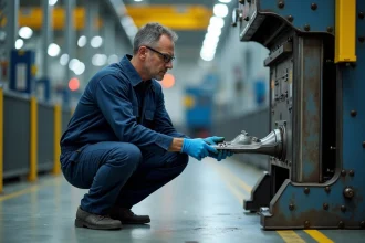 Ingénieur industriel inspectant une pièce métal under bump sur une presse d'emboutissage en usine automobile