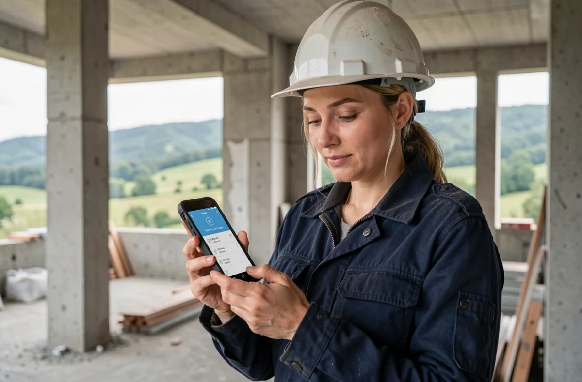 Ingénieure sur chantier de construction en Roumanie consultant une application mobile robuste avec mode hors ligne sur smartphone Android