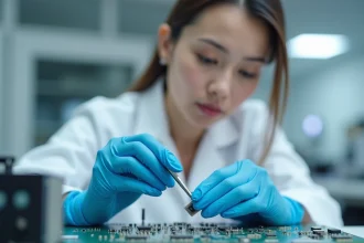 Ingénieure en salle blanche manipulant un microcomposant miniaturisé avec des pinces de précision sur un circuit imprimé