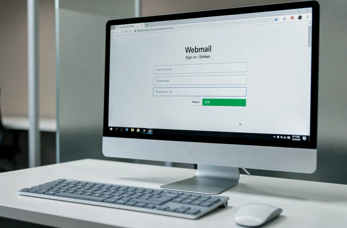 Écran d'ordinateur affichant l'interface de connexion AOL webmail avec clavier et souris sur un bureau épuré