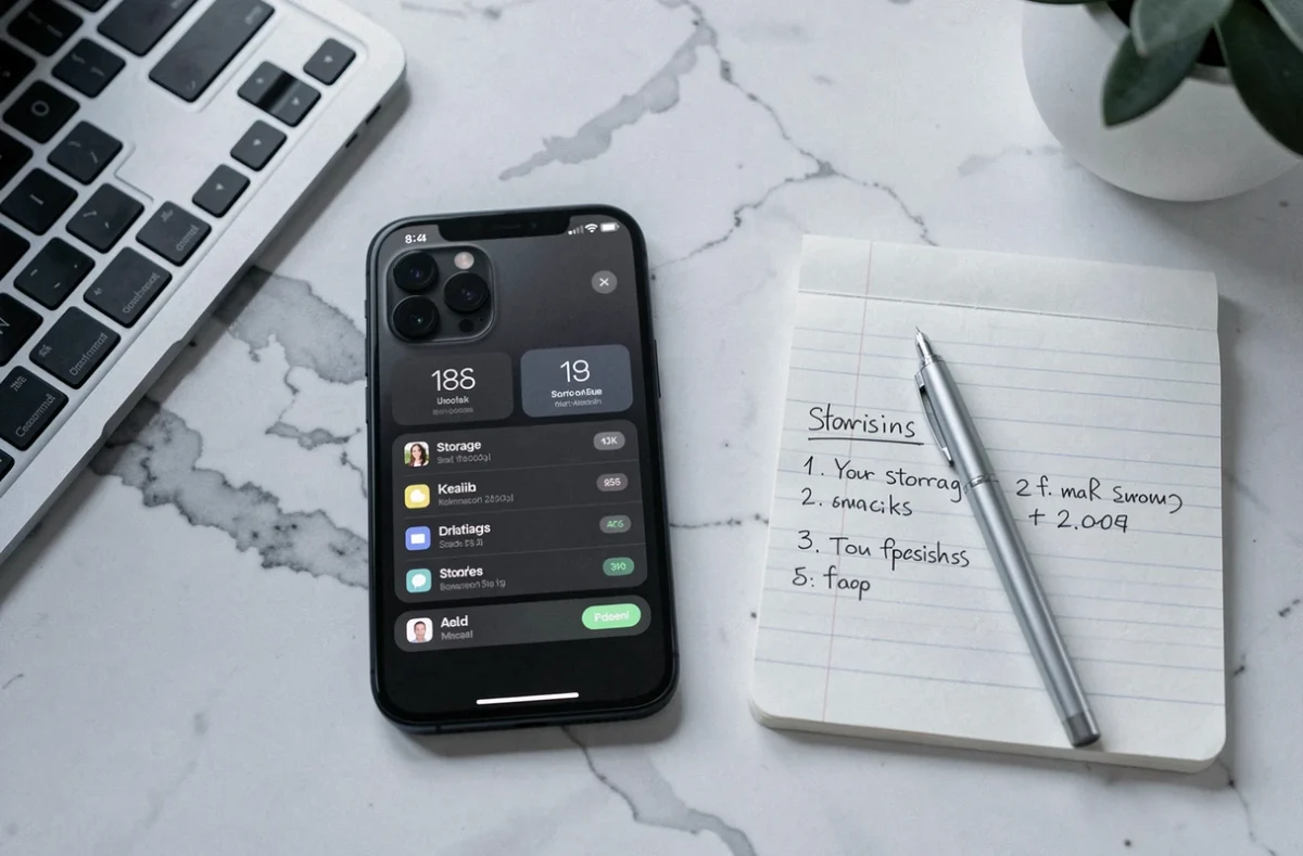 iPhone 14 posé sur un bureau en marbre avec des notes de comparaison de stockage