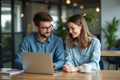 Jeune couple en coworking discutant devant un ordinateur