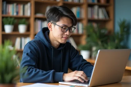 Étudiant universitaire concentré sur son ordinateur portable