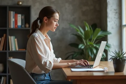 Jeune femme concentrée travaillant sur son ordinateur dans un bureau moderne