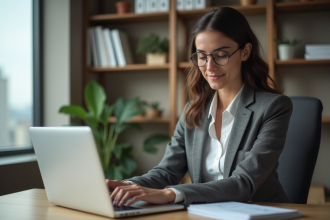 Jeune femme en bureau utilisant un ordinateur portable