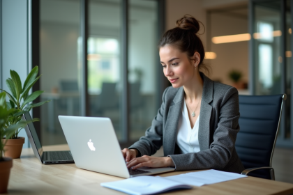 Jeune femme en blazer travaillant sur un ordinateur dans un bureau moderne