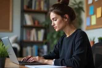 Jeune femme concentrée travaillant sur son ordinateur dans un bureau moderne