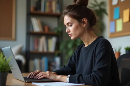 Jeune femme concentrée travaillant sur son ordinateur dans un bureau moderne