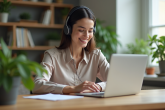 Jeune femme au bureau avec ordinateur et casque