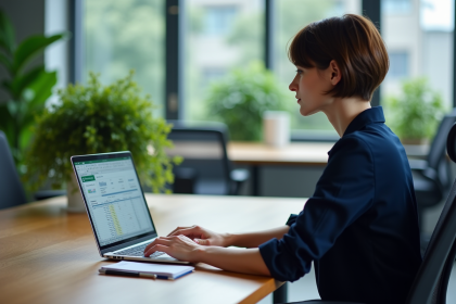 Jeune femme professionnelle concentrée sur un ordinateur en bureau moderne