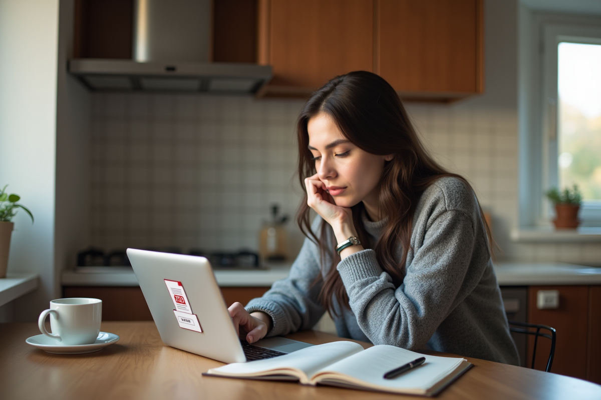 Jeune femme à la maison regardant une tablette