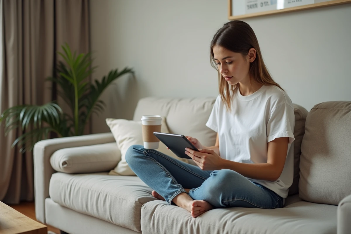 Jeune femme gérant ses accès numériques sur une tablette depuis son canapé à la maison
