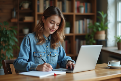 Jeune femme en intérieur organise ses notes et ordinateur