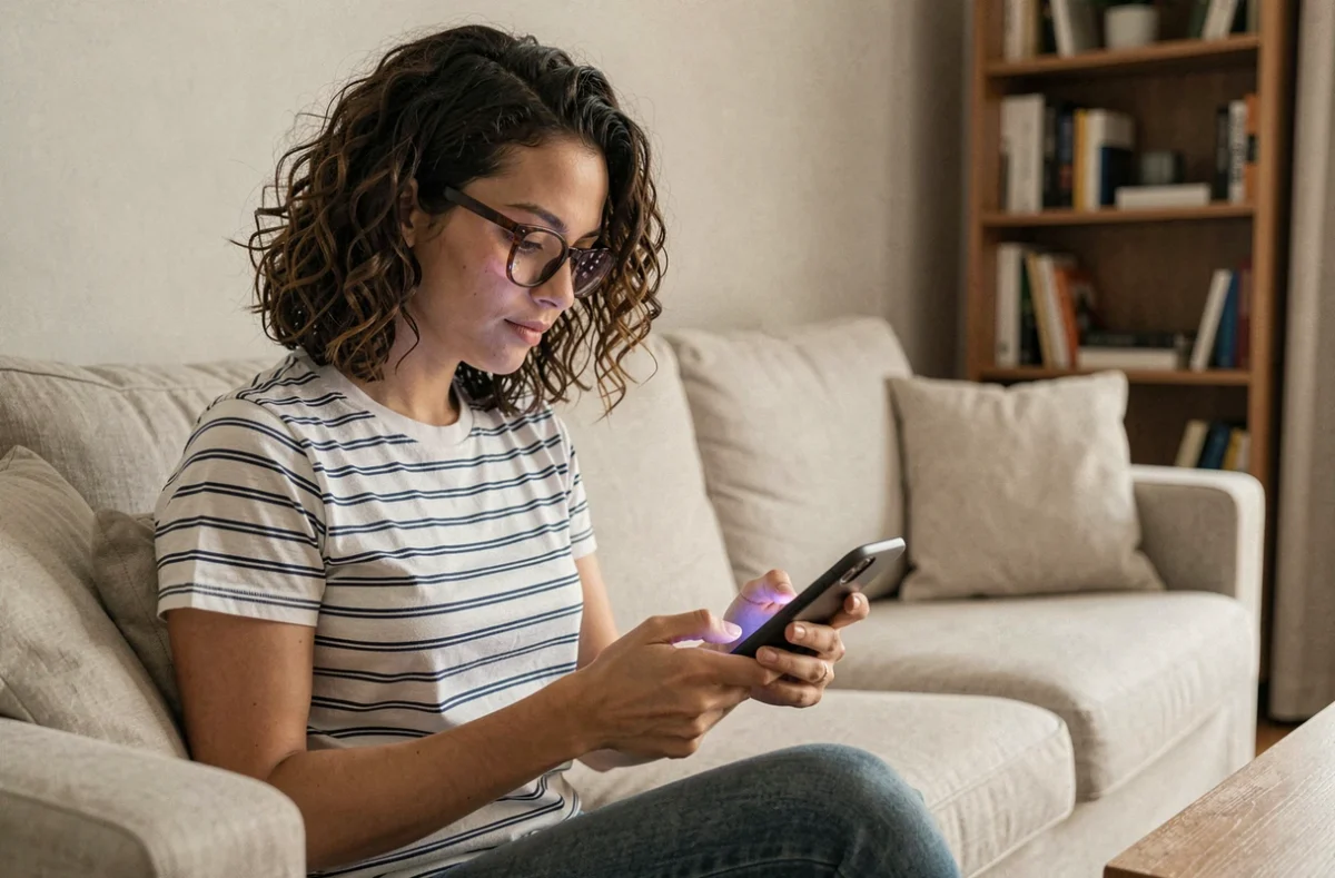 Jeune femme rechargeant son forfait Réglo Mobile en sécurité avec sa carte bancaire sur l'application Mon compte