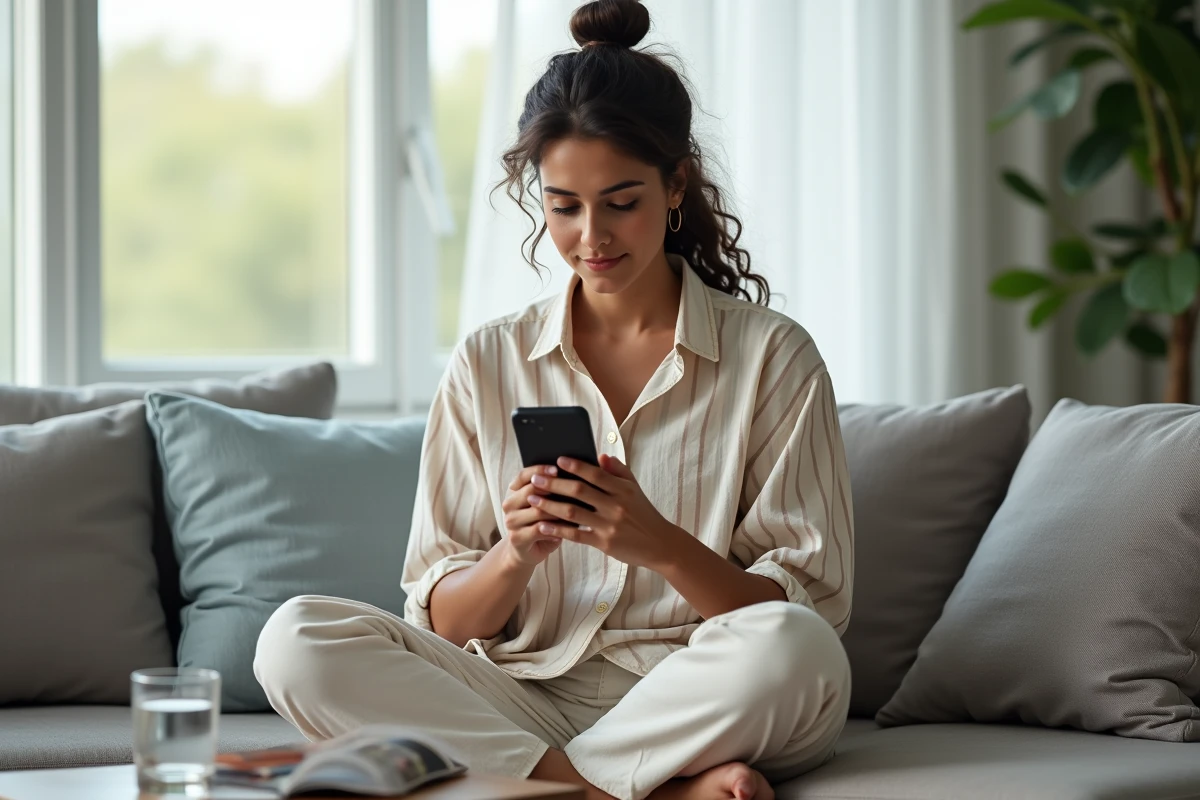 Jeune femme assise sur un canapé tenant un iPhone pour retrouver des photos supprimées dans un salon lumineux