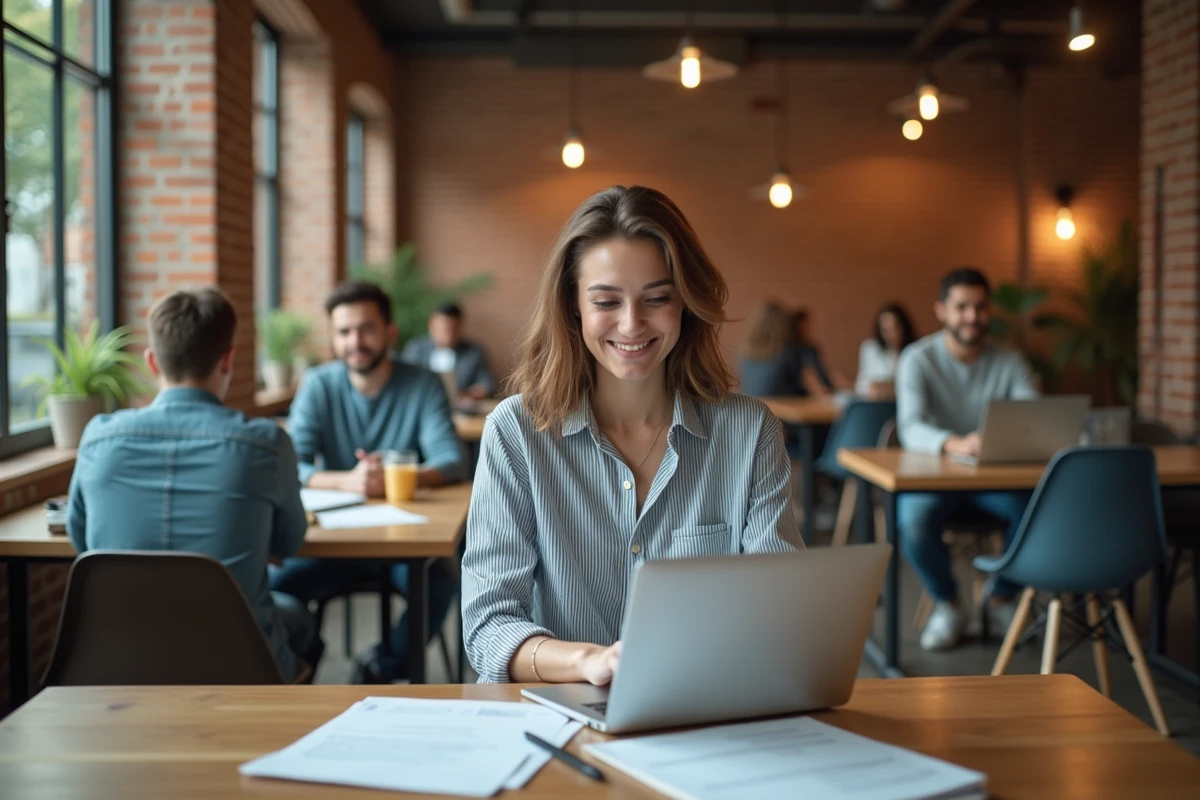 Jeune femme souriante dans un espace coworking dynamique