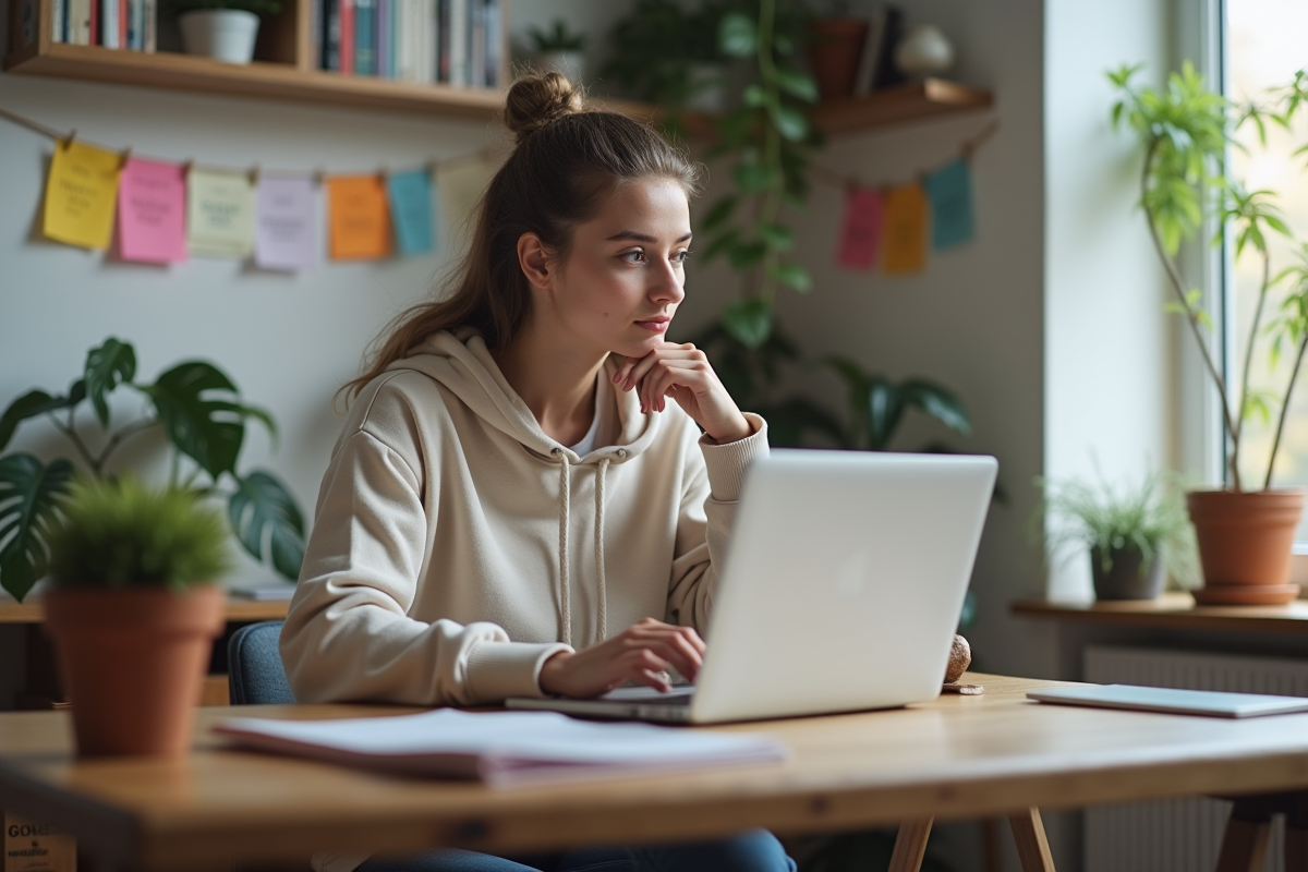 Jeune femme concentrée travaillant sur son ordinateur à la maison