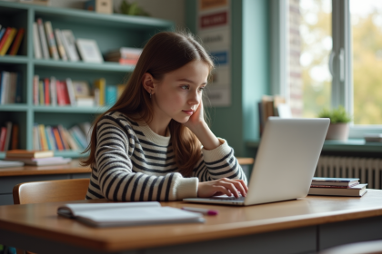 Jeune fille au sweater à rayures travaille sur un ordinateur dans une classe moderne