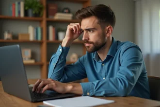 Jeune homme en bureau cosy regarde son clavier d'ordinateur