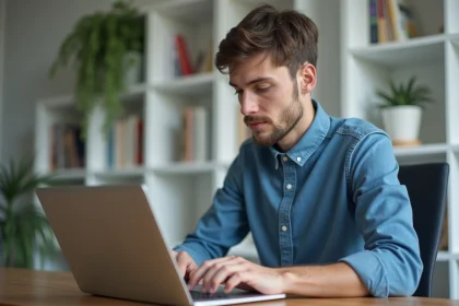 Jeune homme concentré sur son ordinateur dans un bureau calme
