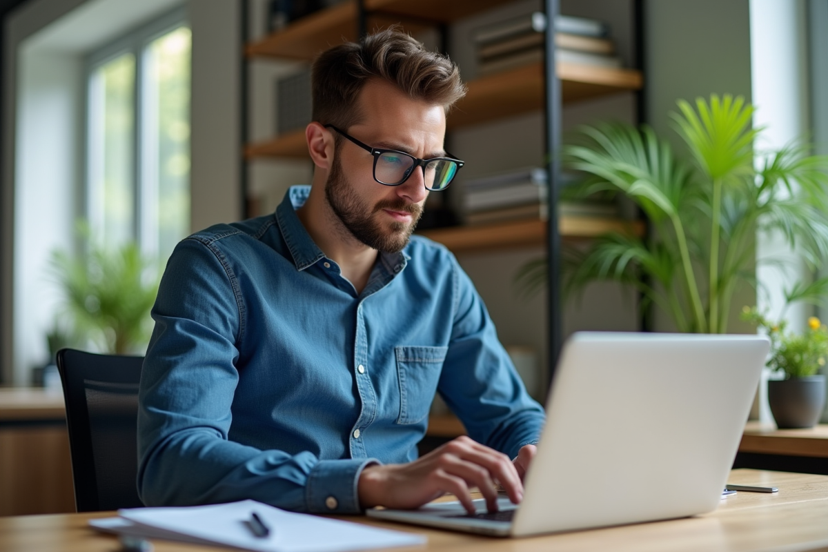 Jeune homme en bleu travaillant sur un ordinateur dans un bureau lumineux