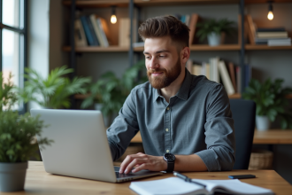 Jeune homme concentré travaillant sur un site web dans un bureau moderne