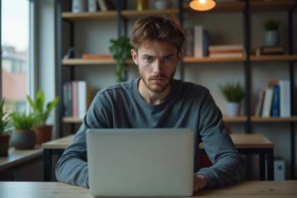 Jeune homme concentré travaillant sur son ordinateur dans un bureau