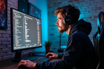 Jeune homme avec casque devant un écran de serveur