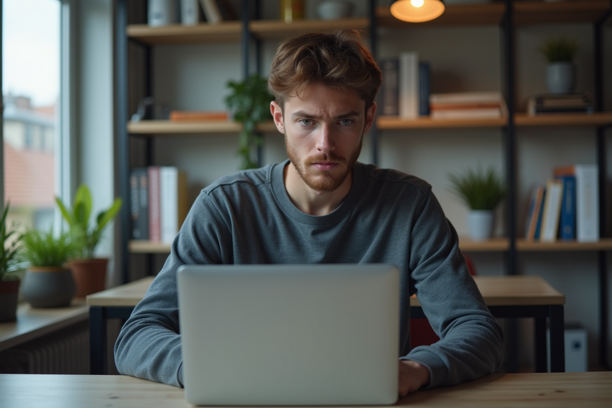 Jeune homme concentré travaillant sur son ordinateur dans un bureau