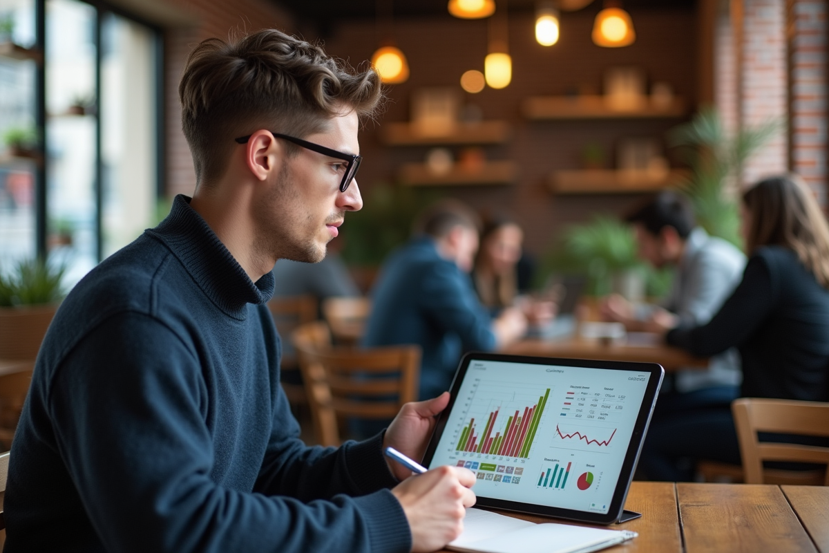 Jeune homme au café analysant des données sur une tablette