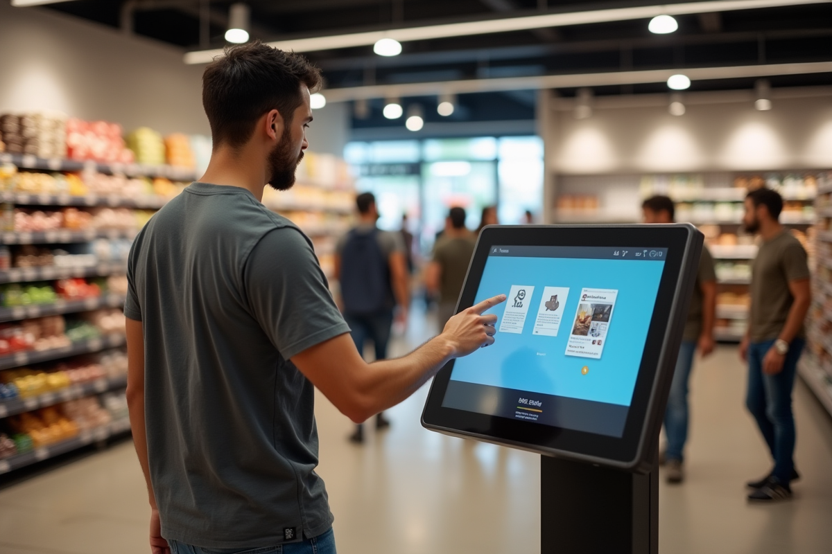 Jeune homme utilisant un kiosque d