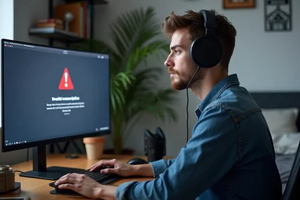 Jeune homme avec casque et ordinateur en erreur de jeu