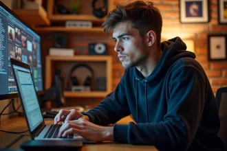 Jeune homme en studio musique travaillant sur ordinateur