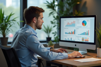 Jeune homme professionnel travaillant sur un ordinateur en bureau moderne