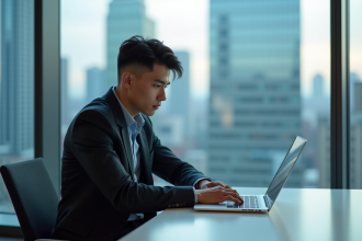 Jeune homme en costume regardant un tableau de bord cloud