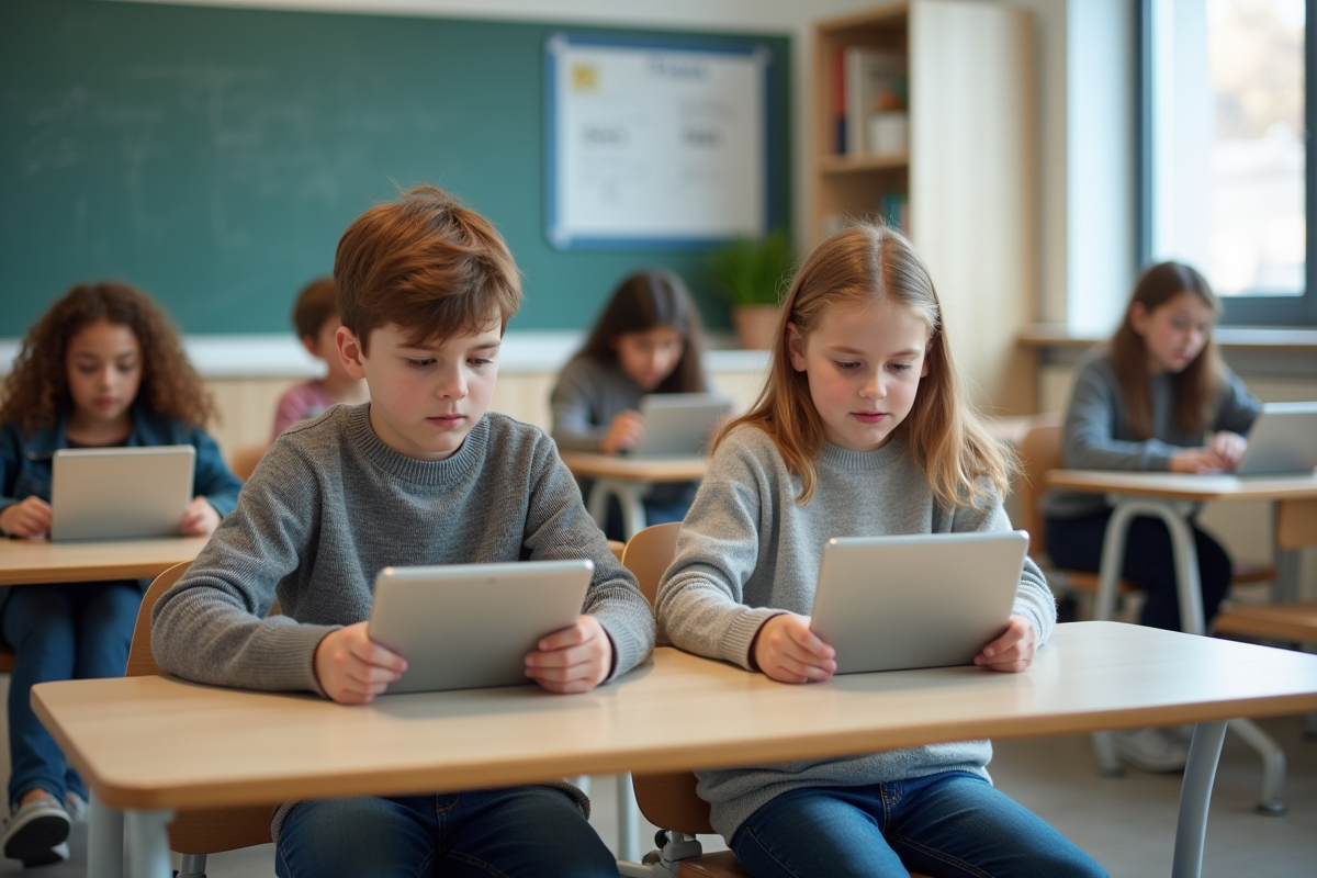 Jeune garçon et fille en classe avec tablettes pour l'apprentissage