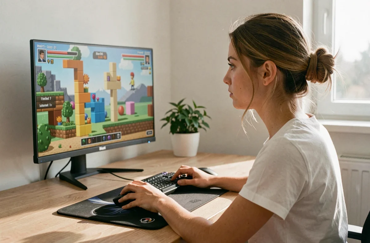 Jeune joueuse concentrée sur sa technique de clic souris pour progresser en PvP Minecraft depuis son bureau à domicile