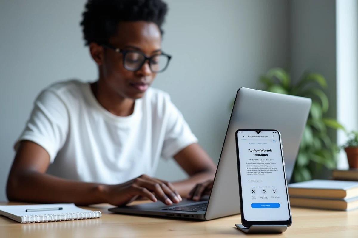 Jeune adulte lisant des avis clients sur le Samsung Galaxy A55 à son bureau
