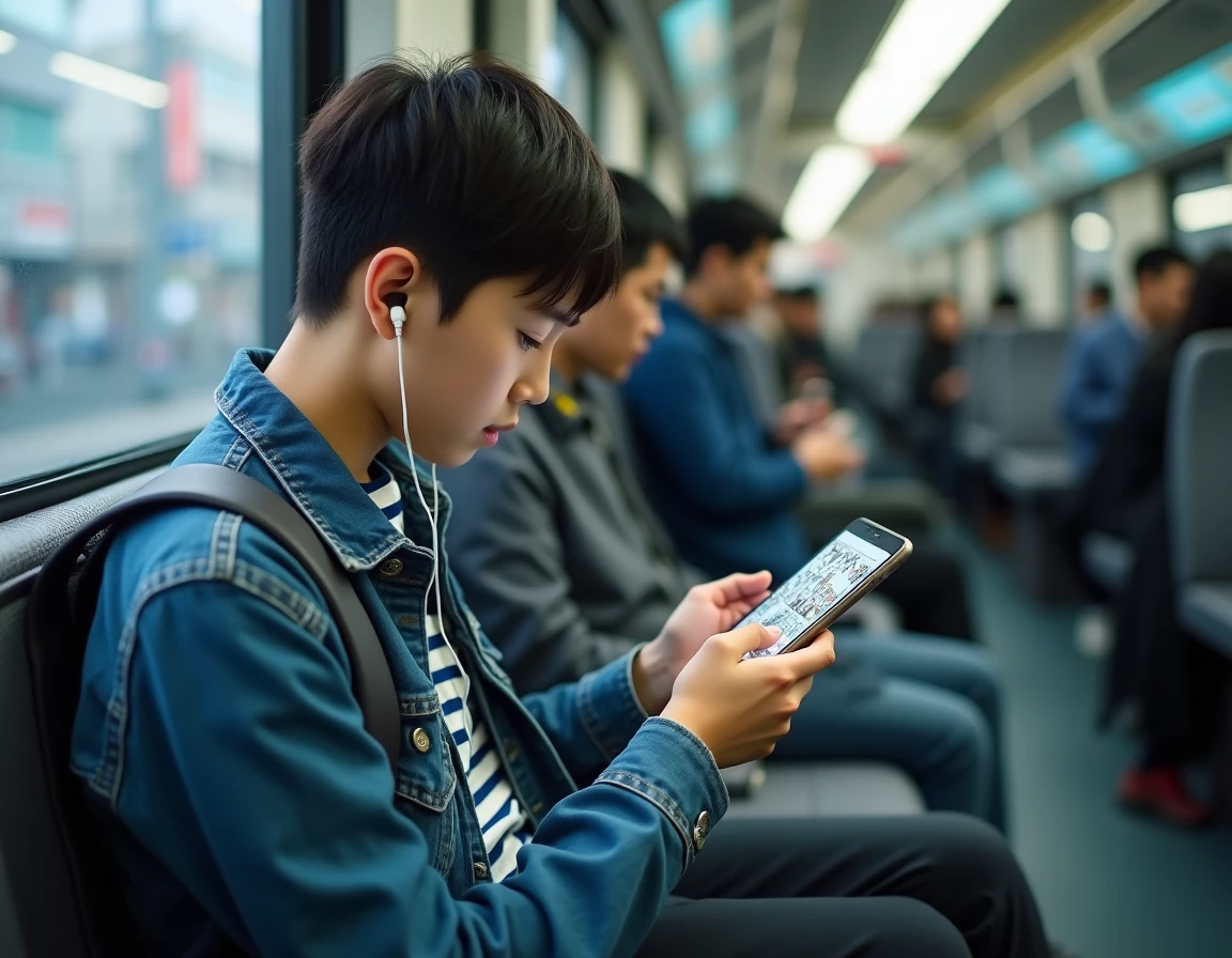 Adolescent lisant des mangas sur smartphone Android dans les transports en commun avec une application de lecture