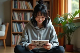 Jeune femme lisant des mangas sur une tablette avec une application Android dans un salon cosy