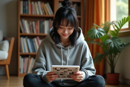 Jeune femme lisant des mangas sur une tablette avec une application Android dans un salon cosy
