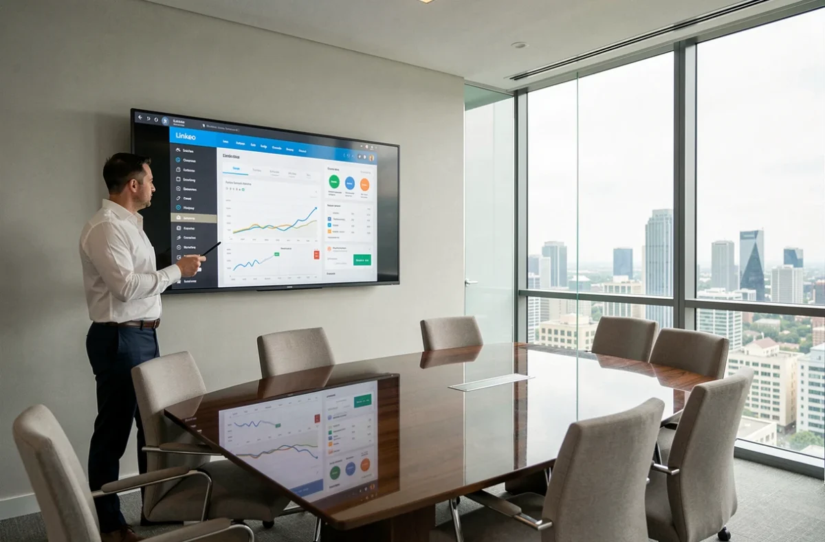 Consultant masculin présentant un tableau de bord marketing digital dans une salle de réunion moderne évoquant l'agence Linkeo