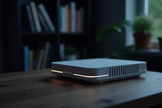 Routeur Livebox posé sur un bureau en bois avec un voyant LED blanc clignotant dans un bureau sombre