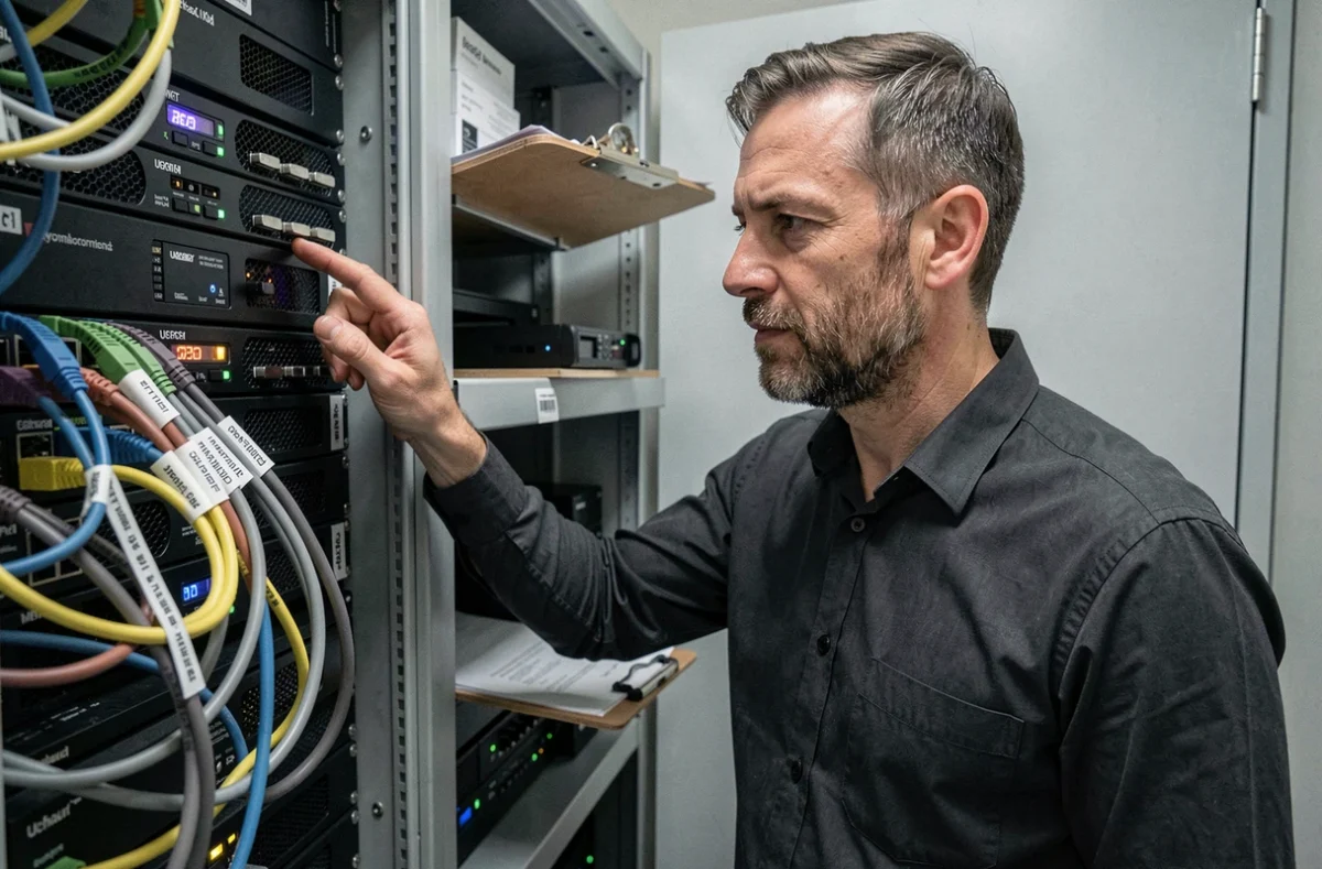 Spécialiste informatique inspectant un rack serveur dans un local technique à Uchaud pour Lm System
