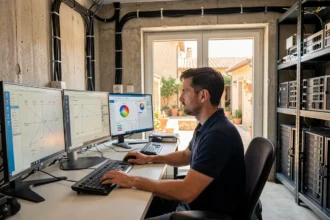 Technicien informatique professionnel travaillant sur une station multi-écrans dans un bureau moderne du Gard, représentant les sociétés de maintenance informatique de la région